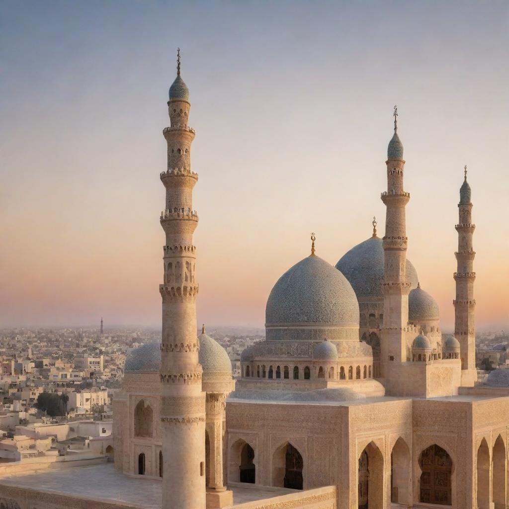 Islamic architecture with minarets, domes, and traditional Arabic geometric patterns during a sunset