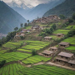 An old, traditional Nepali village showcasing rustic stone houses, winding cobblestone pathways, lush green fields and the Himalayas in the background.