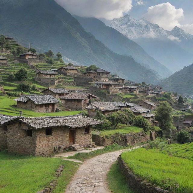 An old, traditional Nepali village showcasing rustic stone houses, winding cobblestone pathways, lush green fields and the Himalayas in the background.