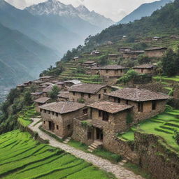 An old, traditional Nepali village showcasing rustic stone houses, winding cobblestone pathways, lush green fields and the Himalayas in the background.