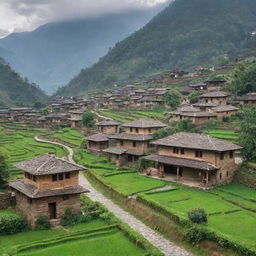 An old, traditional Nepali village showcasing rustic stone houses, winding cobblestone pathways, lush green fields and the Himalayas in the background.