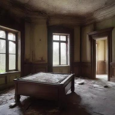 The abandoned mansion was a hodgepodge of decrepit furniture, eerie artifacts, and bloodstains.