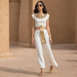 Design casual, pharaoh-inspired fashion outfits, specifically tailored for petite women.