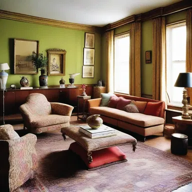 The eclectic living room was a hodgepodge of furniture, art pieces, and decorative items from different periods.
