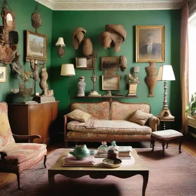 The eclectic living room was a hodgepodge of furniture, art pieces, and decorative items from different periods.