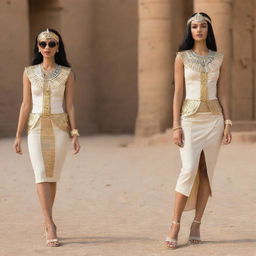 Design casual, pharaoh-inspired fashion outfits, specifically tailored for petite women.