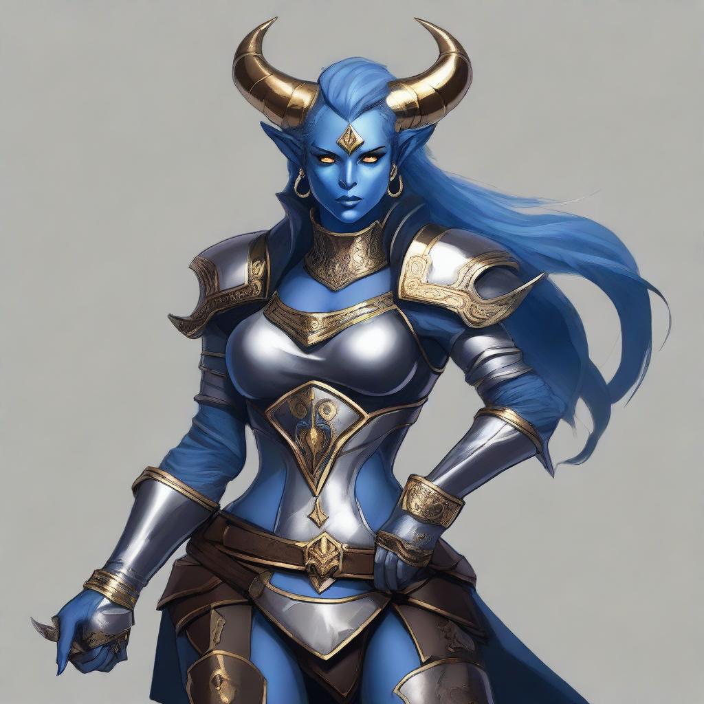 A digital art piece of a Dungeons and Dragons character, a Tiefling with blue skin, dark hair, large horns, a tail, and solid golden eyes