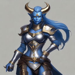 A digital art piece of a Dungeons and Dragons character, a Tiefling with blue skin, dark hair, large horns, a tail, and solid golden eyes