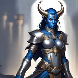 A digital art piece of a Dungeons and Dragons character, a Tiefling with blue skin, dark hair, large horns, a tail, and solid golden eyes