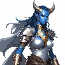 A digital art piece of a Dungeons and Dragons character, a Tiefling with blue skin, dark hair, large horns, a tail, and solid golden eyes