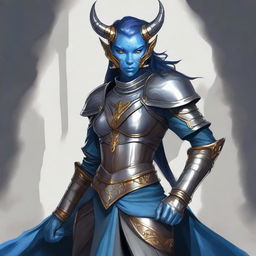 A digital art piece of a Dungeons and Dragons character, a Tiefling with blue skin, dark hair, large horns, a tail, and solid golden eyes