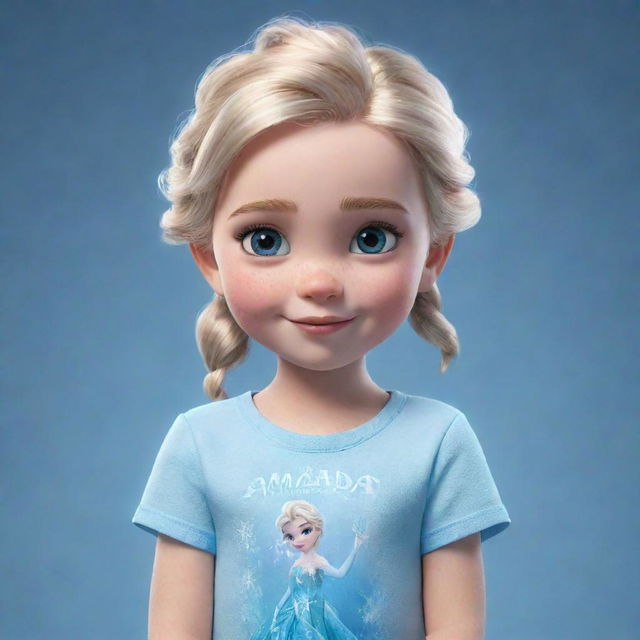 3D Disney animation poster of a 4 year old girl wearing an Elsa shirt with the text 'Amanda'