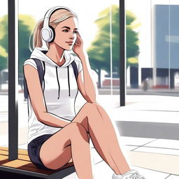 A high-quality, wide-angle digital art image showing a young, white woman in sporty attire