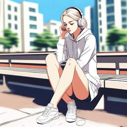 A high-quality, wide-angle digital art image showing a young, white woman in sporty attire