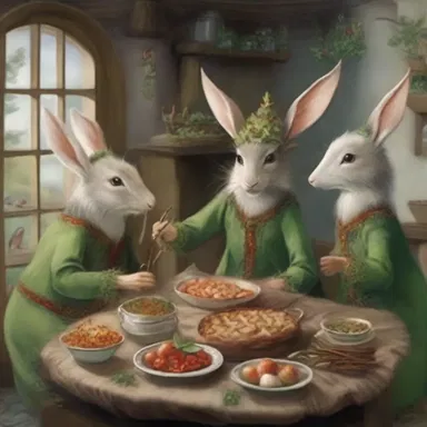 In the magical world of 'Eldoria,' the elves enjoy a feast where the main dish is succulent hare cooked with enchanted herbs and spices.