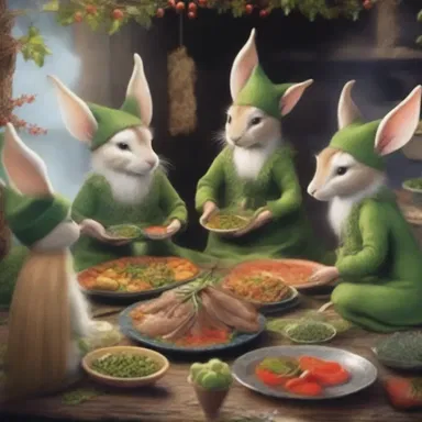 In the magical world of 'Eldoria,' the elves enjoy a feast where the main dish is succulent hare cooked with enchanted herbs and spices.