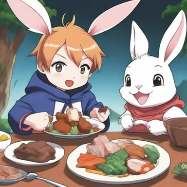 In the popular anime series 'Bunny Warriors,' the fearless and cute protagonist fights a fierce battle against an evil sorcerer while enjoying a meal of roasted hare.