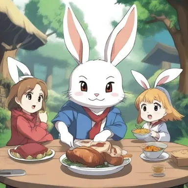 In the popular anime series 'Bunny Warriors,' the fearless and cute protagonist fights a fierce battle against an evil sorcerer while enjoying a meal of roasted hare.