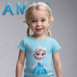 3D Disney animation poster of a 4 year old girl wearing an Elsa shirt with the text 'Amanda'