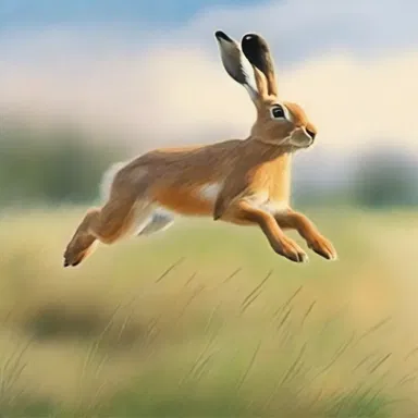 The painting depicted a hare sprinting across the meadow with great speed.