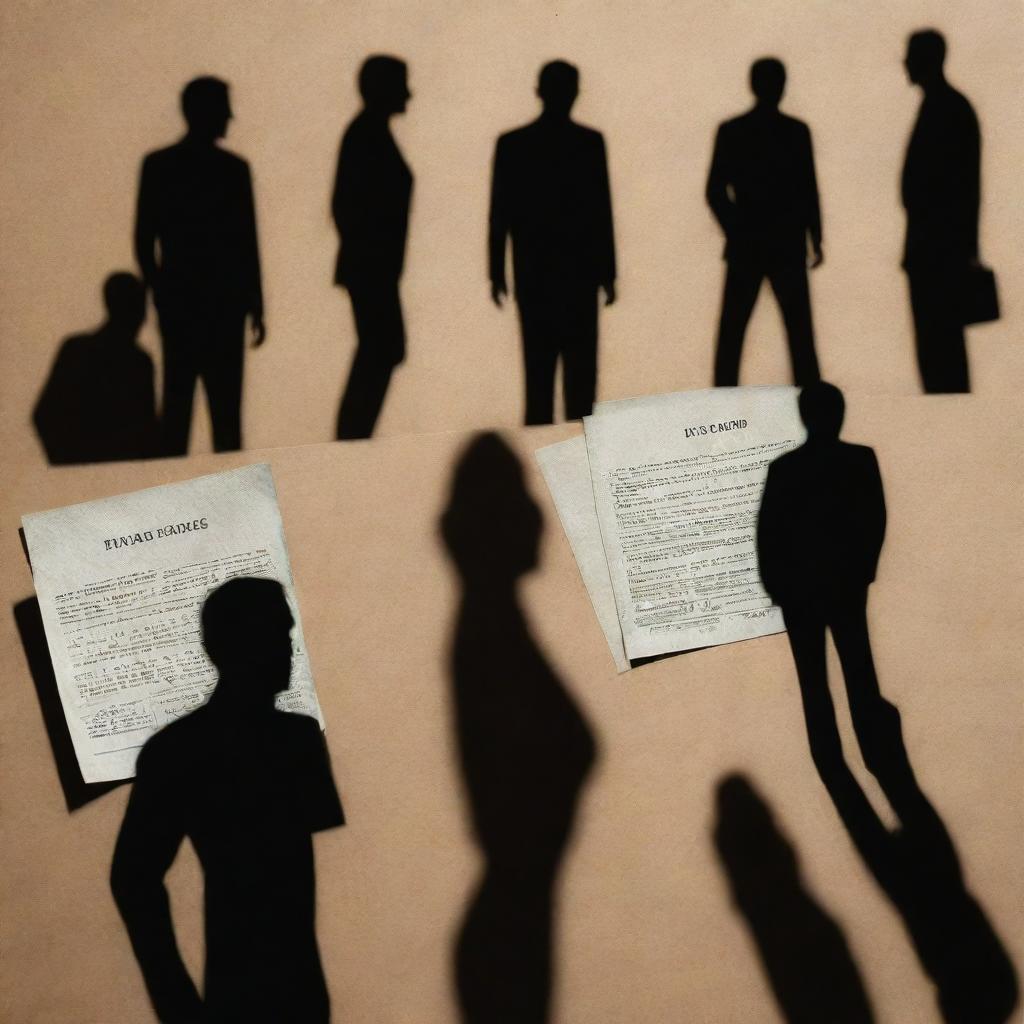 Illustrating the concept of fraud crimes through a series of symbolic images, such as schemes, forged documents, fake identities, and individuals hiding in shadows.