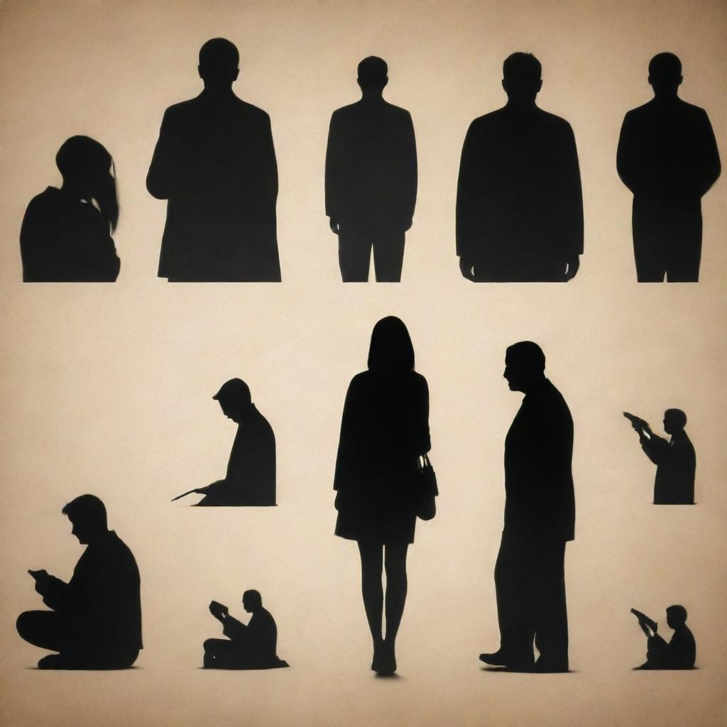 Illustrating the concept of fraud crimes through a series of symbolic images, such as schemes, forged documents, fake identities, and individuals hiding in shadows.