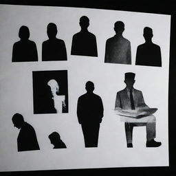 Illustrating the concept of fraud crimes through a series of symbolic images, such as schemes, forged documents, fake identities, and individuals hiding in shadows.