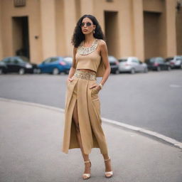 Design casual street style, pharaoh-inspired fashion outfits, specifically tailored for petite women.