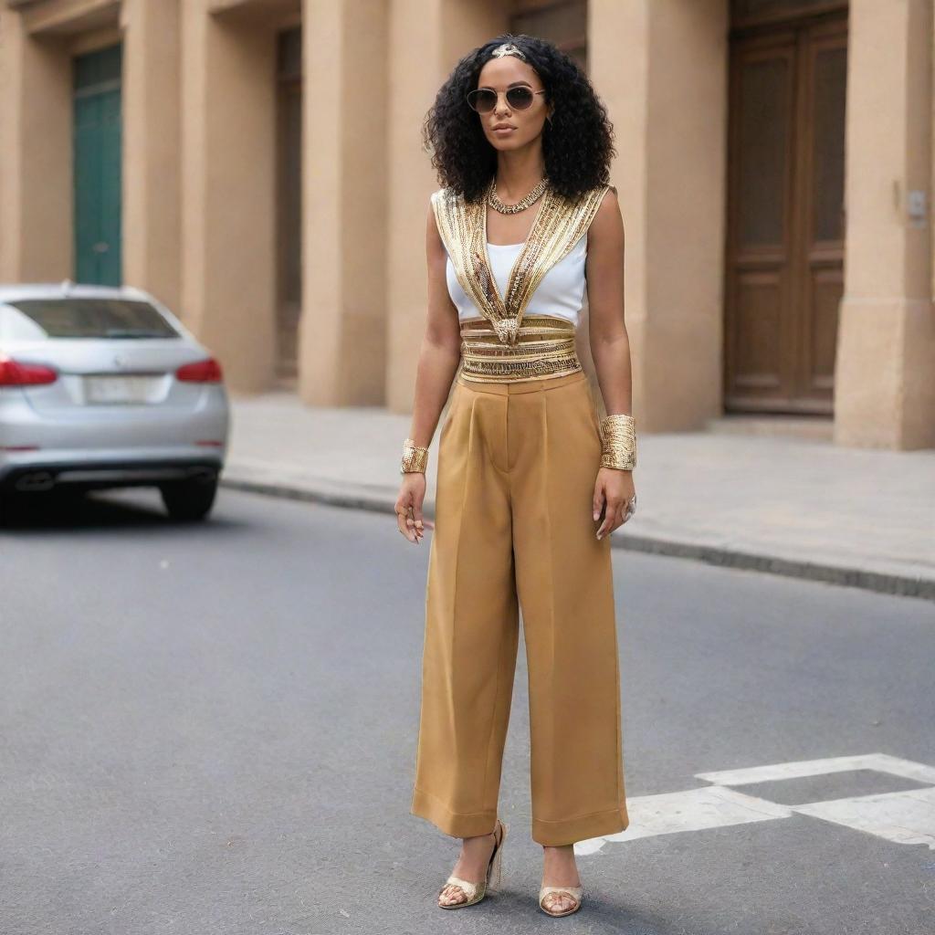 Design casual street style, pharaoh-inspired fashion outfits, specifically tailored for petite women.