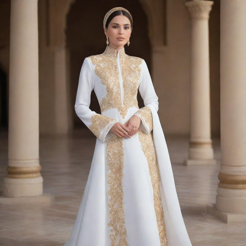 Illustration of an exquisite VIP prayer dress in a pristine white shade adorned with intricate golden embroidery