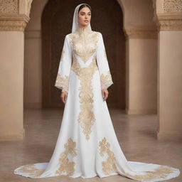 Illustration of an exquisite VIP prayer dress in a pristine white shade adorned with intricate golden embroidery