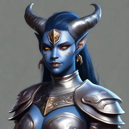 A realistic digital art of a kind-looking Tiefling character from DnD, with distinct features