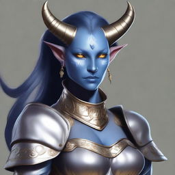 A realistic digital art of a kind-looking Tiefling character from DnD, with distinct features