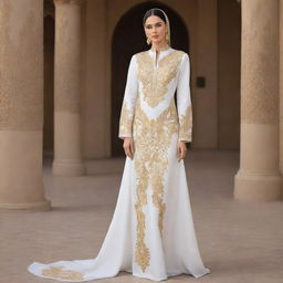 Illustration of an exquisite VIP prayer dress in a pristine white shade adorned with intricate golden embroidery