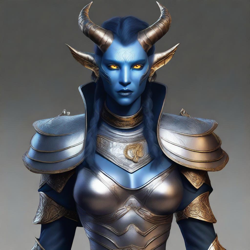 A realistic digital art of a kind-looking Tiefling character from DnD, with distinct features