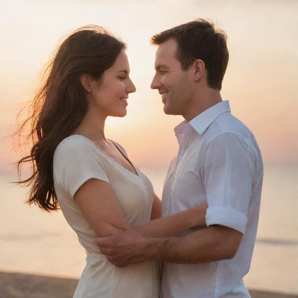 A loving couple standing together, their hands interlocked, in a romantic setting with a soft glow of the sunset in the background.