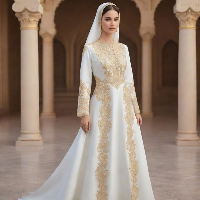 Illustration of an exquisite VIP prayer dress in a pristine white shade adorned with intricate golden embroidery