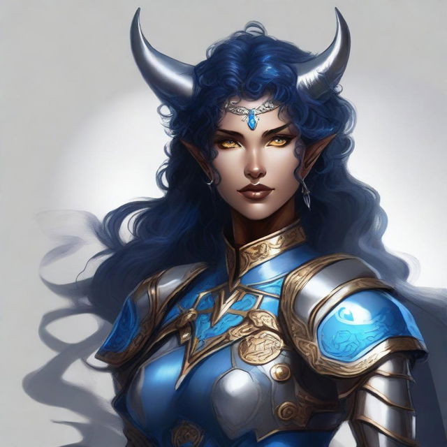 A high-quality digital art image of a Dungeons and Dragons character, a kind-looking Tiefling with blue skin