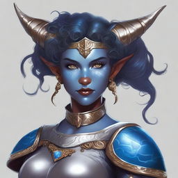 A high-quality digital art image of a Dungeons and Dragons character, a kind-looking Tiefling with blue skin