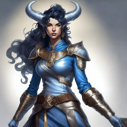 A high-quality digital art image of a Dungeons and Dragons character, a kind-looking Tiefling with blue skin