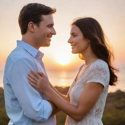 A loving couple standing together, their hands interlocked, in a romantic setting with a soft glow of the sunset in the background.