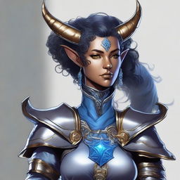 A high-quality digital art image of a Dungeons and Dragons character, a kind-looking Tiefling with blue skin