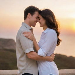 A loving couple standing together, their hands interlocked, in a romantic setting with a soft glow of the sunset in the background.