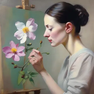 The artist skillfully portrayed a delicate flower being held by a pincer in her painting.