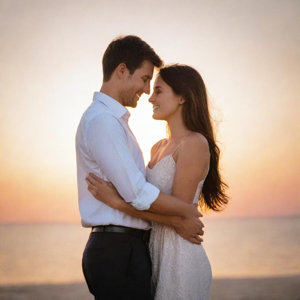 A loving couple standing together, their hands interlocked, in a romantic setting with a soft glow of the sunset in the background.