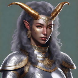 A digital art of a kind-looking Tiefling with grey skin and solid golden eyes