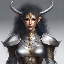 A digital art of a kind-looking Tiefling with grey skin and solid golden eyes