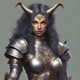 A digital art of a kind-looking Tiefling with grey skin and solid golden eyes