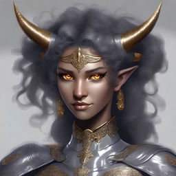 A digital art of a kind-looking Tiefling with grey skin and solid golden eyes