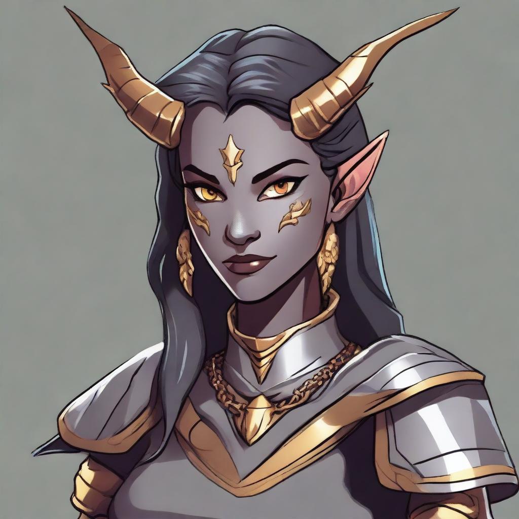 A digital art illustration of a kind-looking Tiefling character from Dungeons and Dragons